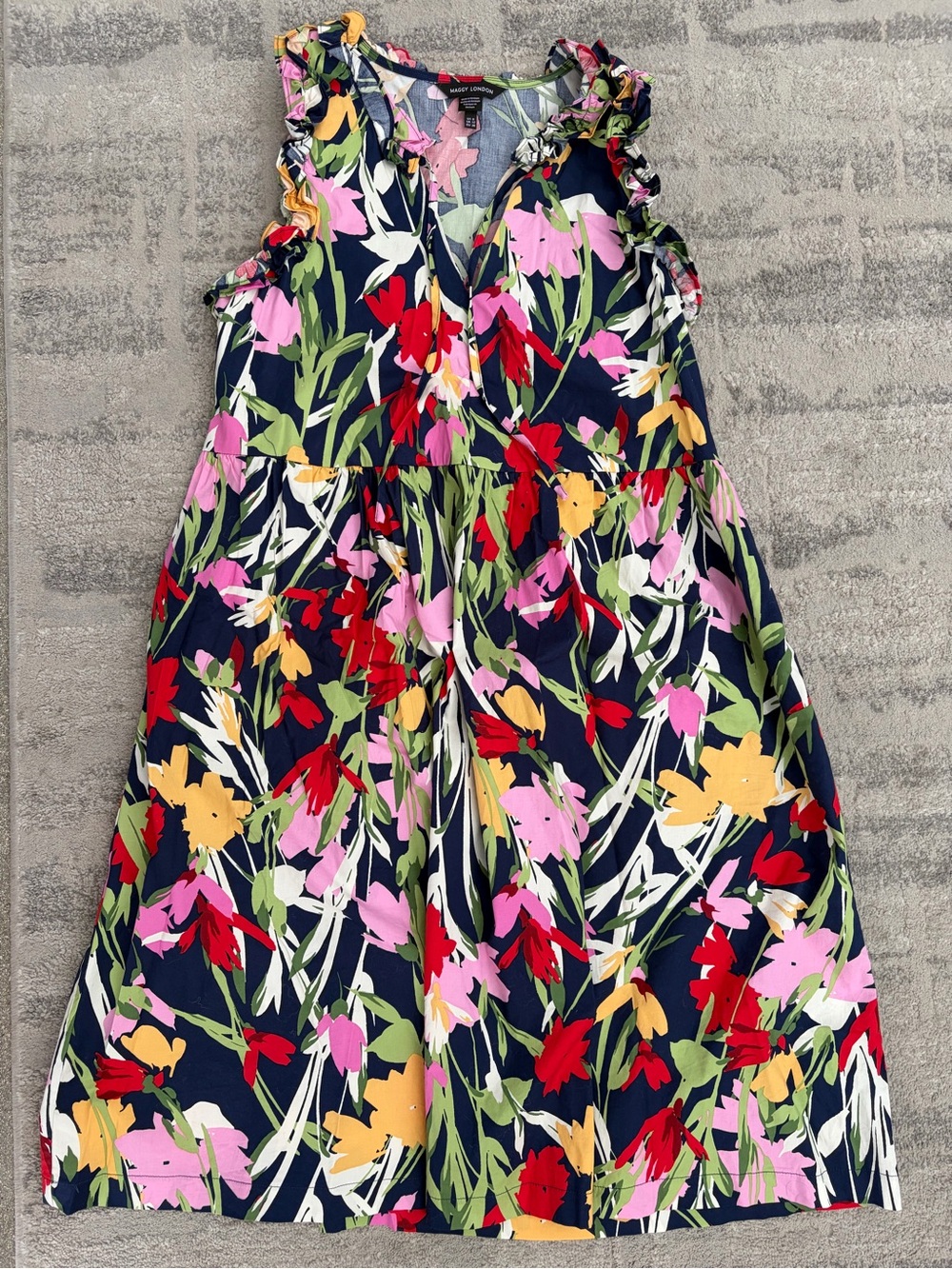Navy Floral Sleeveless Ruffle V-Neck Dress